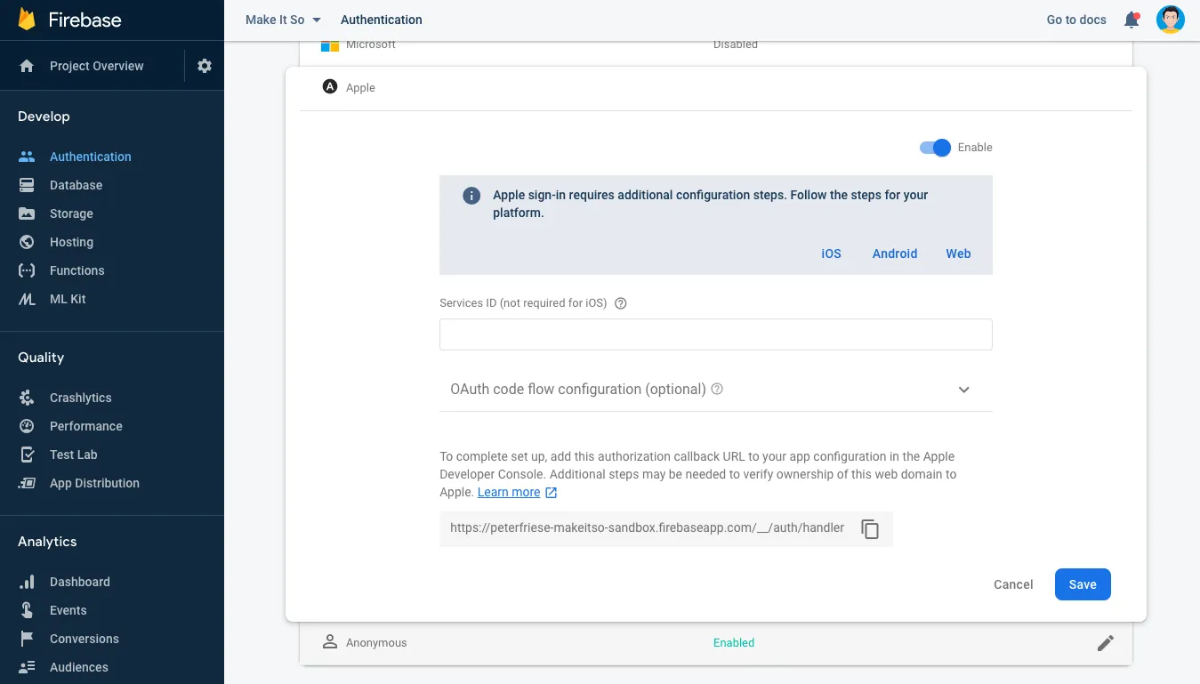 Enabling Sign in with Apple in the Firebase console